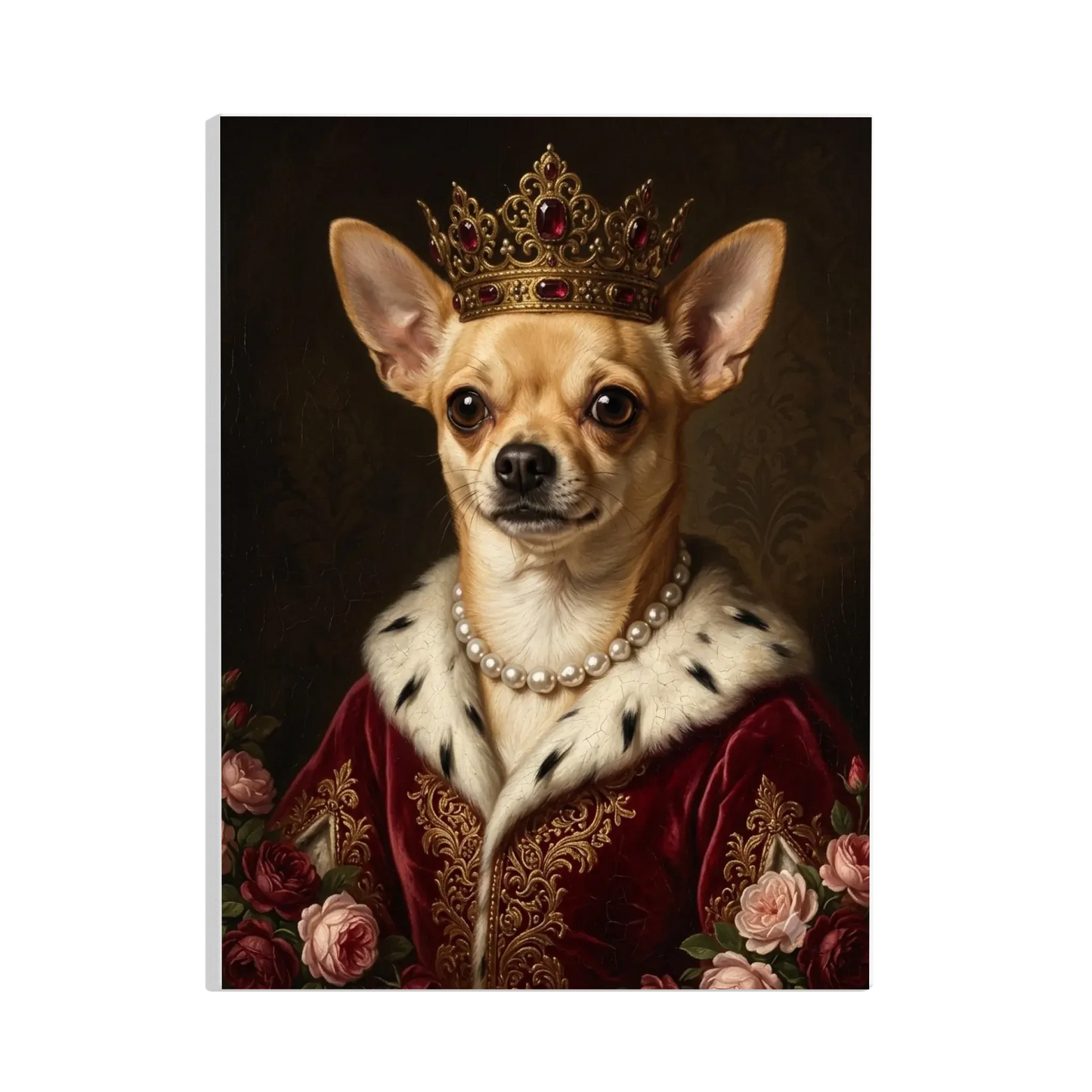 Personalisierte Leinwand: Hund als Renaissance-Königin mit Krone und Rosen – Lil Snouts