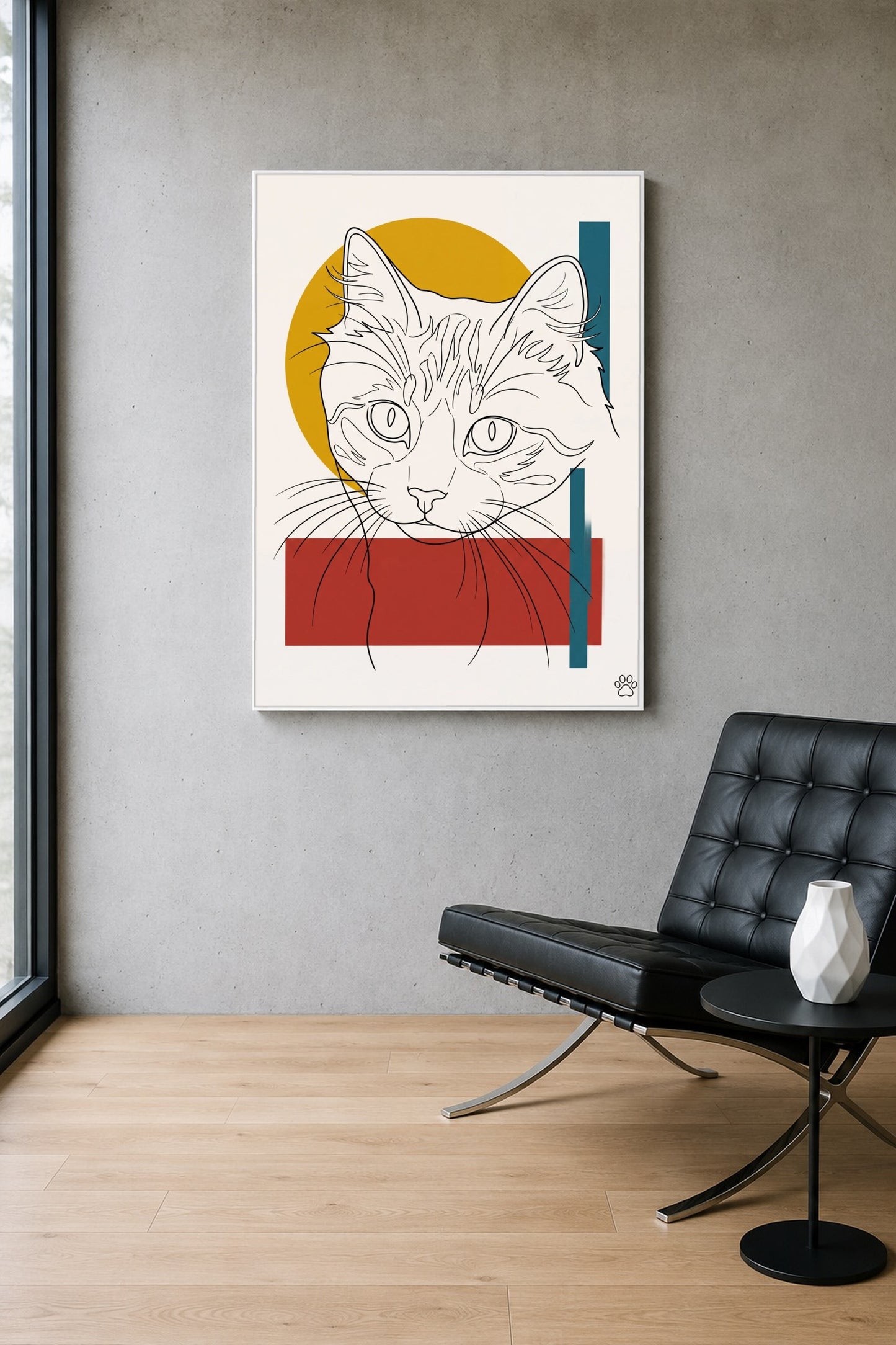 Leinwand im Wohnzimmer: Deine Katze als Bauhaus-Lineart – personalisiertes Katzenportrait