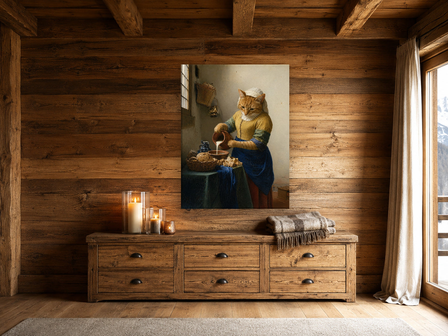 Katze als Das Milchmädchen – Leinwand in der Berghütte