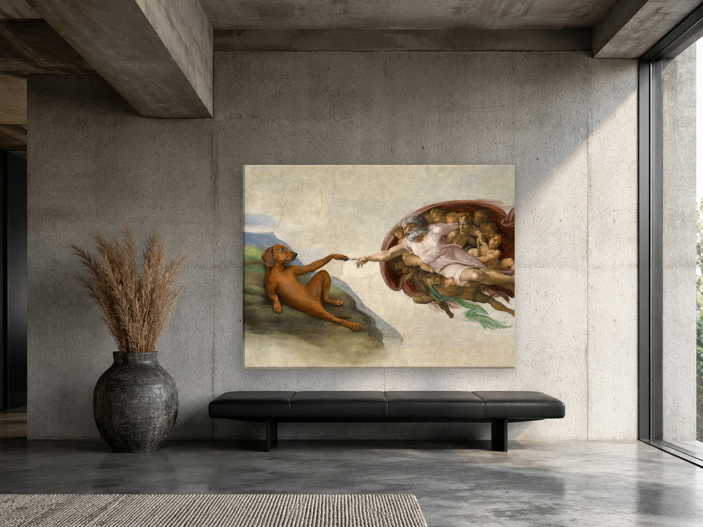 Hund in Die Erschaffung Adams – Querformat-Leinwand im Loft