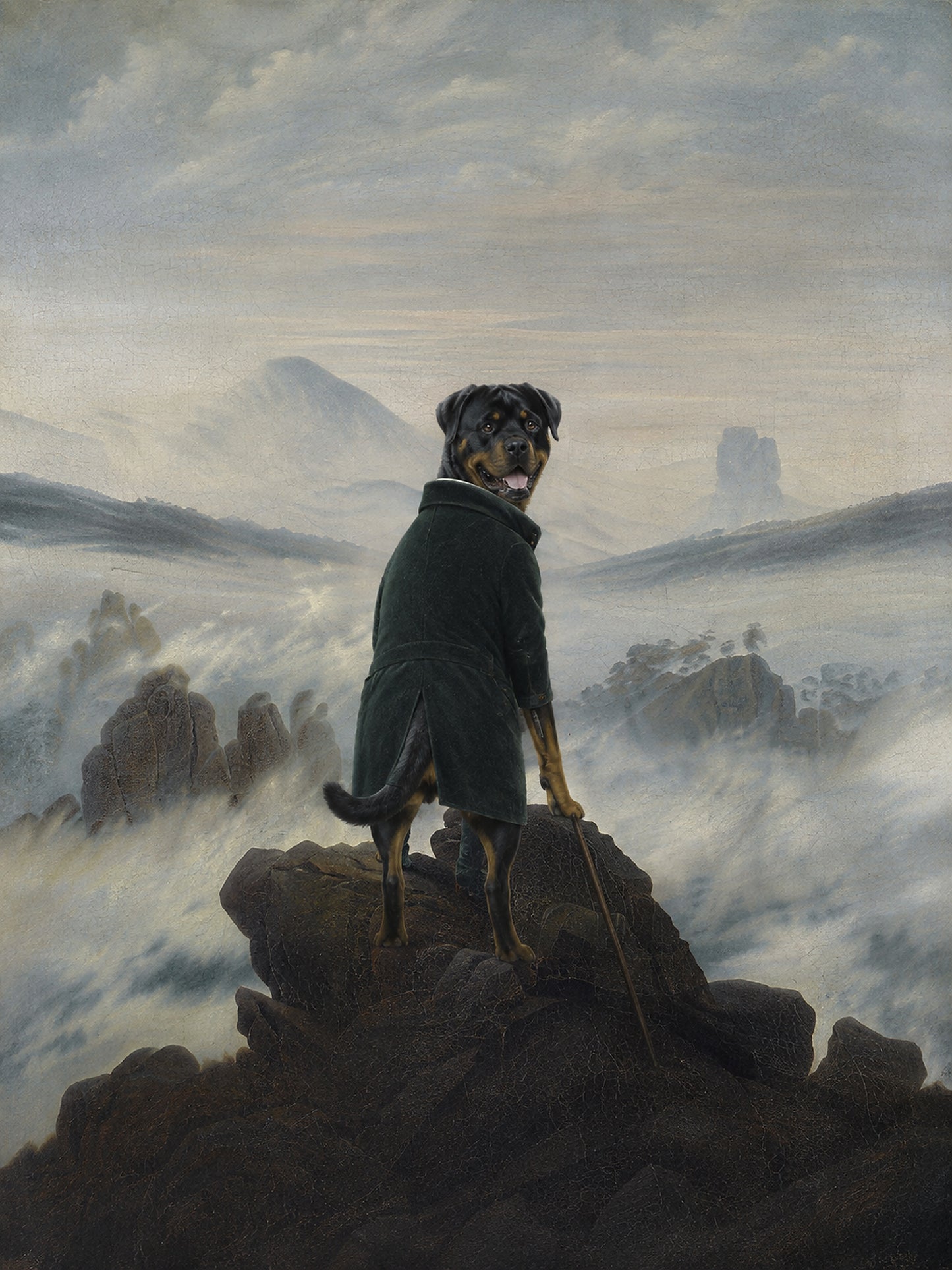 Dein Hund als Wanderer über dem Nebelmeer – Beispiel-Gemälde von Lil Snouts