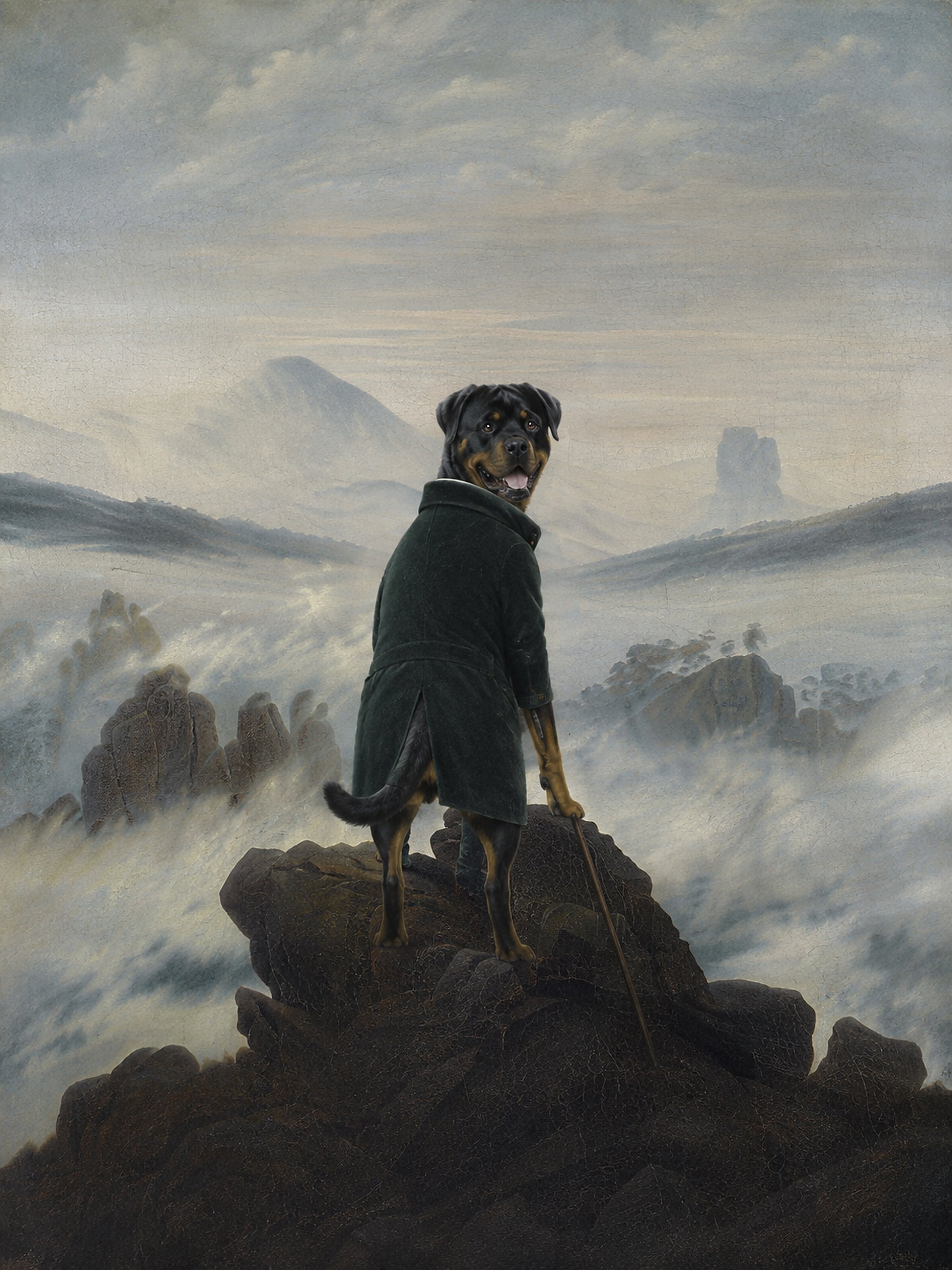 Dein Hund als Wanderer über dem Nebelmeer – Beispiel-Gemälde von Lil Snouts