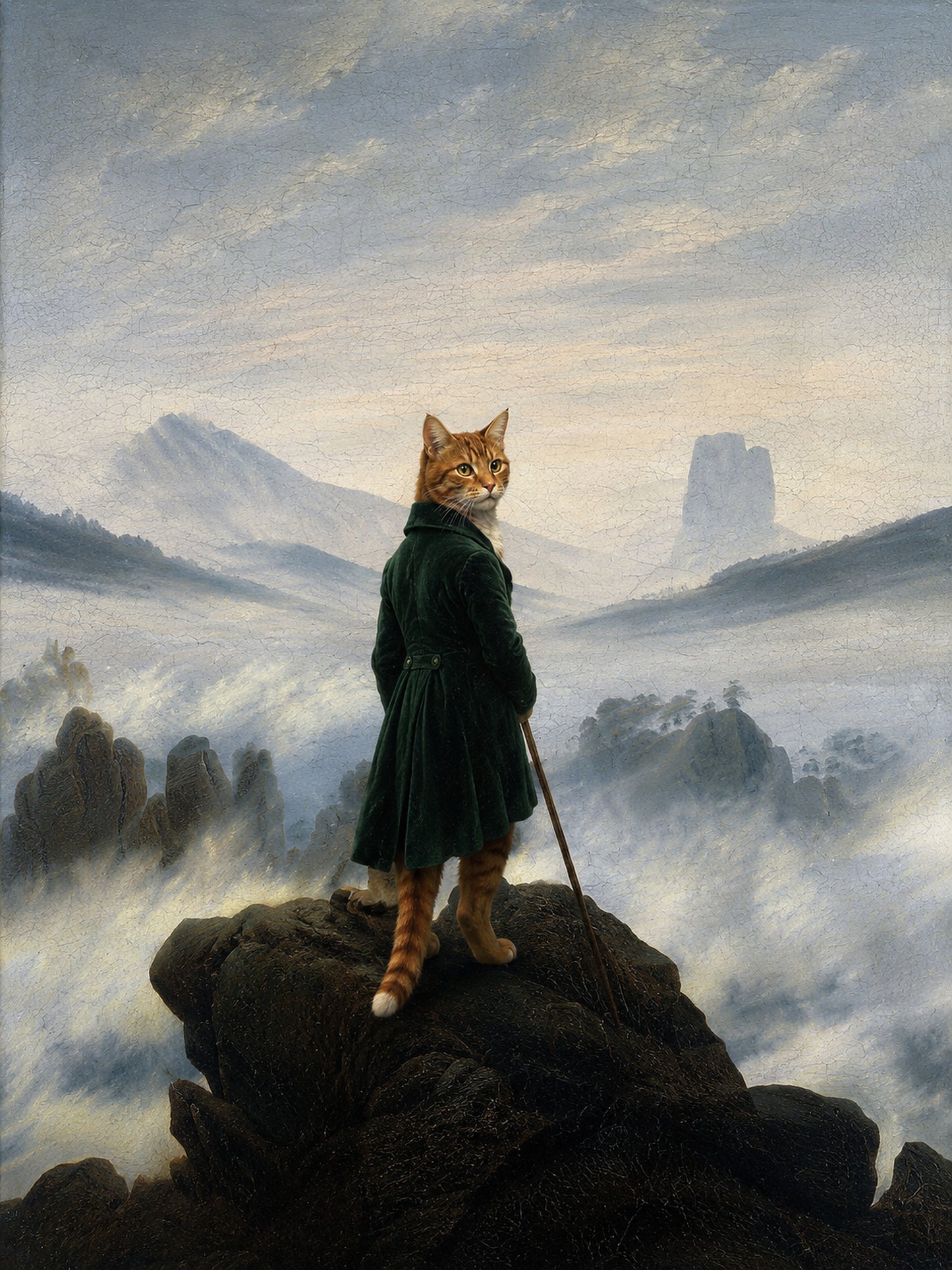 Deine Katze als Wanderer über dem Nebelmeer – Beispiel-Gemälde von Lil Snouts