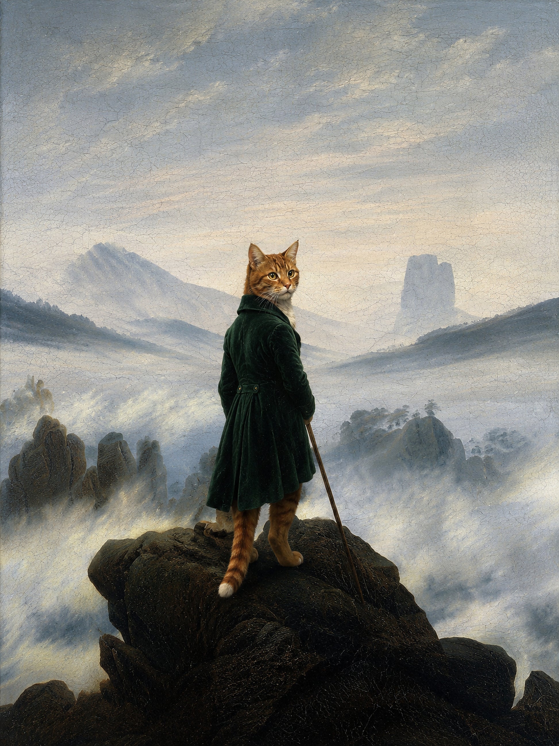 Deine Katze als Wanderer über dem Nebelmeer – Beispiel-Gemälde von Lil Snouts