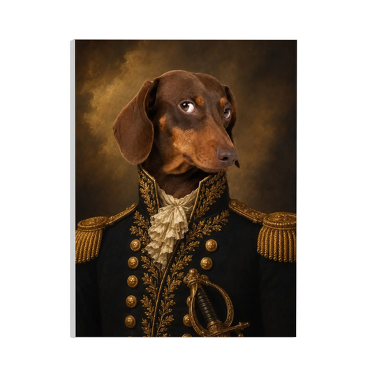 Personalisierte Leinwand: Hund als Renaissance-General im Ölgemälde-Stil – Lil Snouts