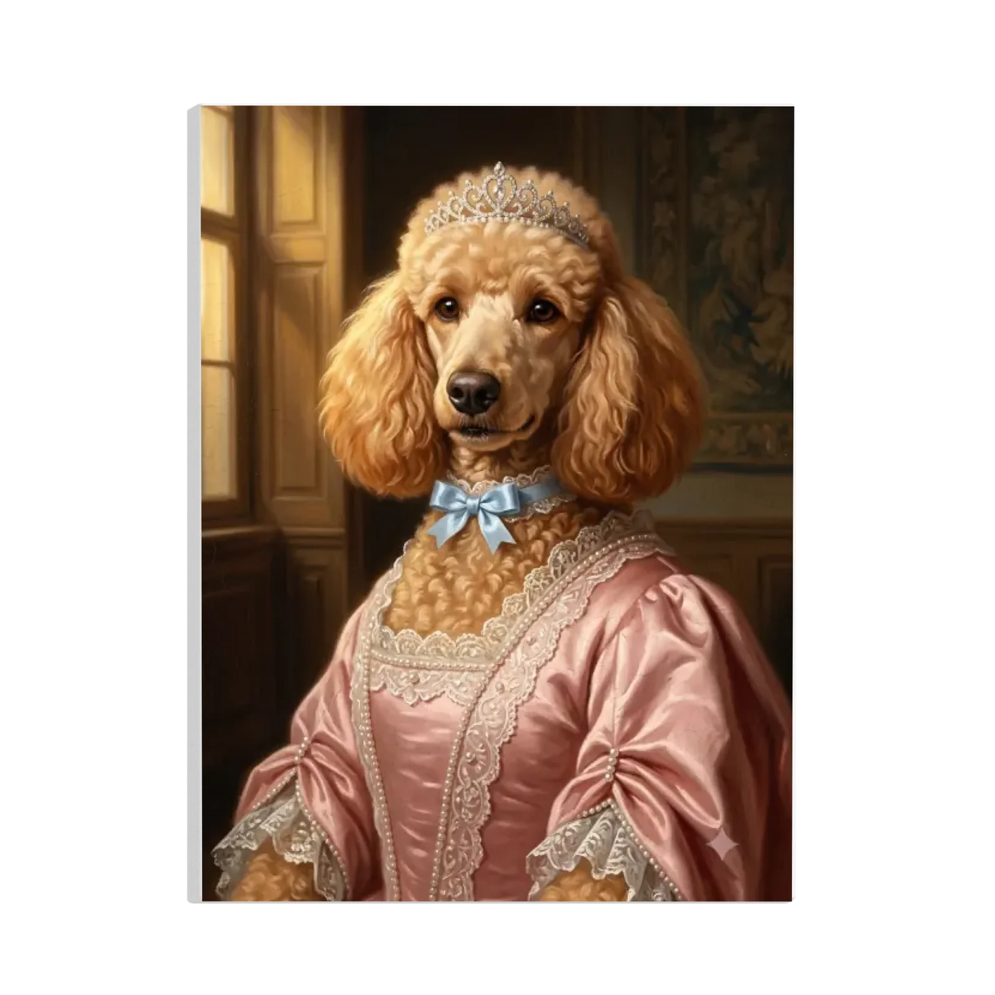 Personalisierte Leinwand: Hund als Renaissance-Prinzessin mit Diadem und Seidenkleid – Lil Snouts