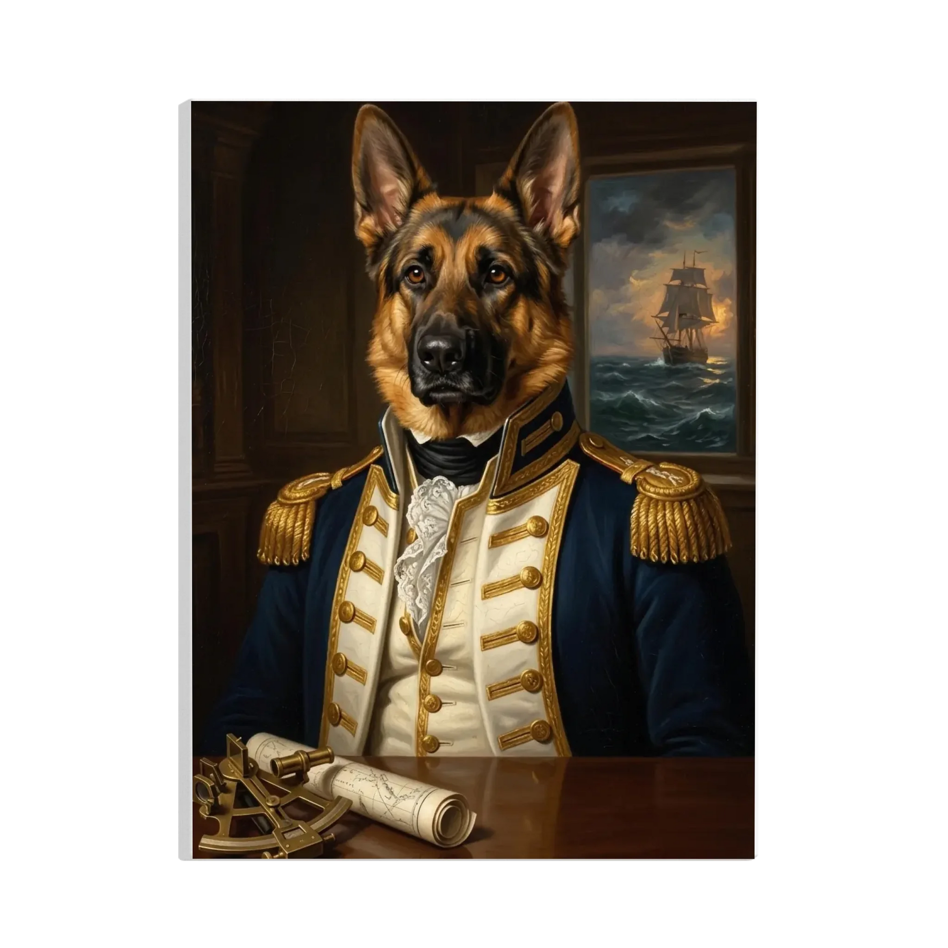 Personalisierte Leinwand: Hund als Marine-Captain in Uniform mit Segelschiff – Lil Snouts