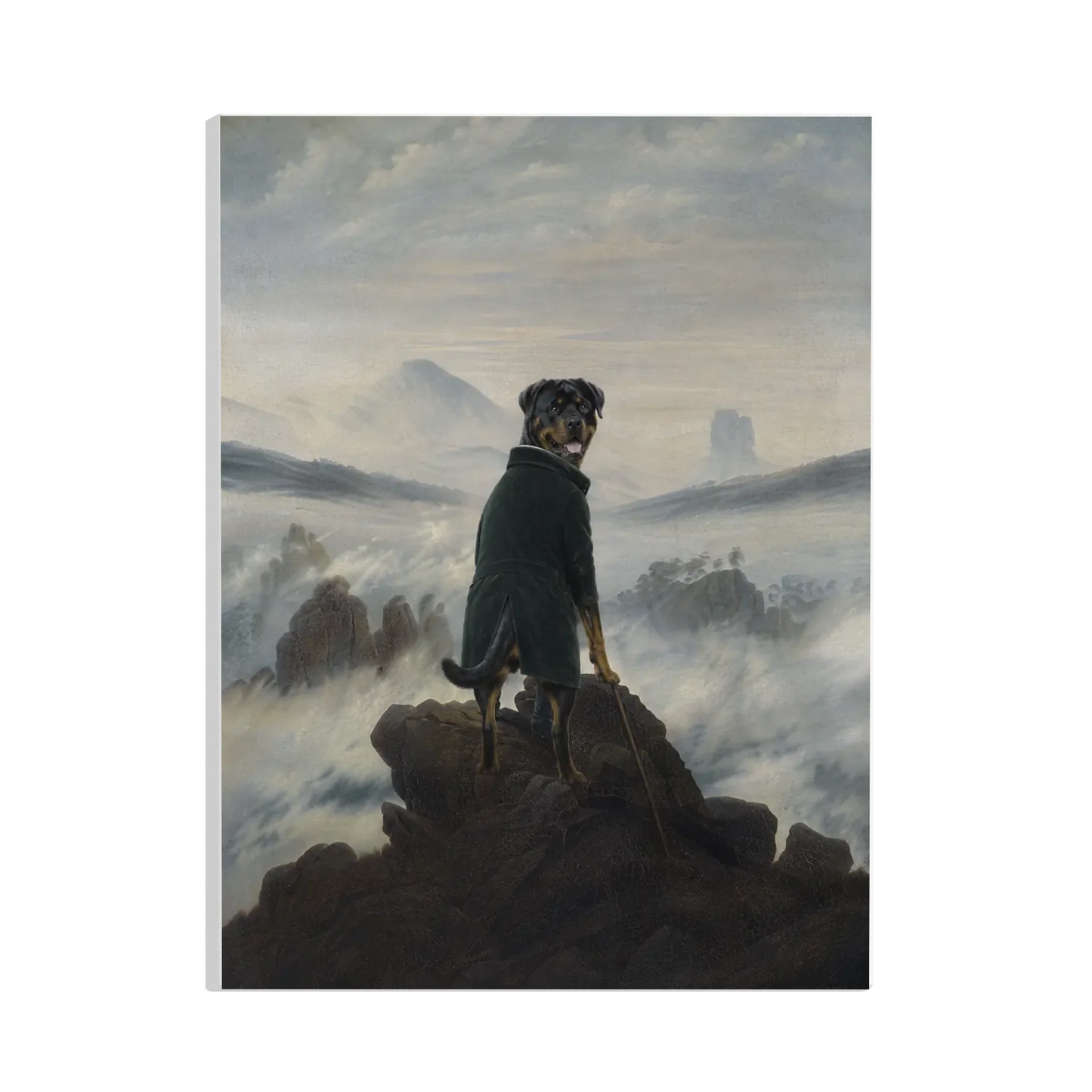 Poster oder Leinwand - Dein Haustier als Wanderer über dem Nebelmeer