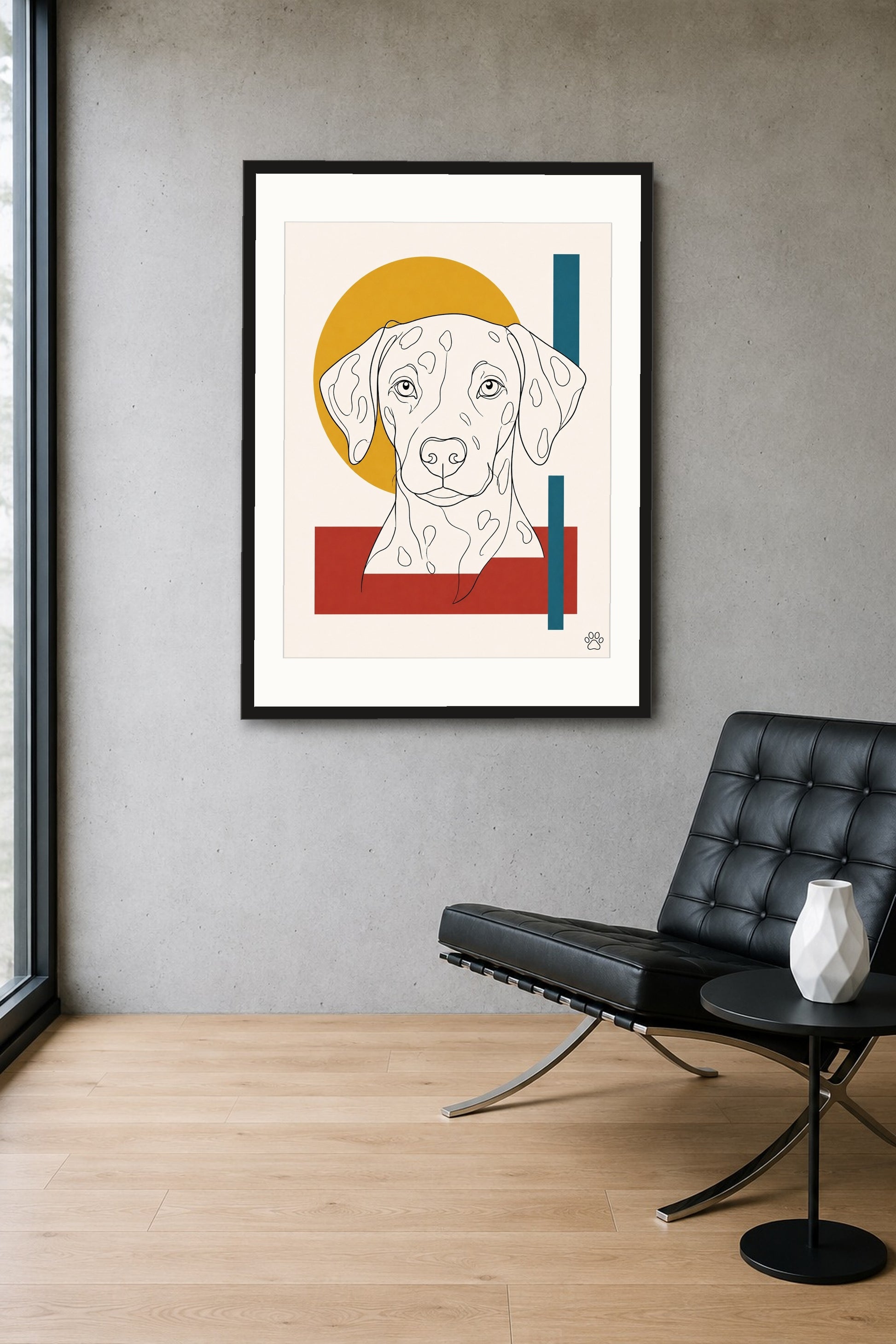 Poster im Wohnzimmer: Dein Hund als Bauhaus-Lineart – personalisiertes Hundeportrait