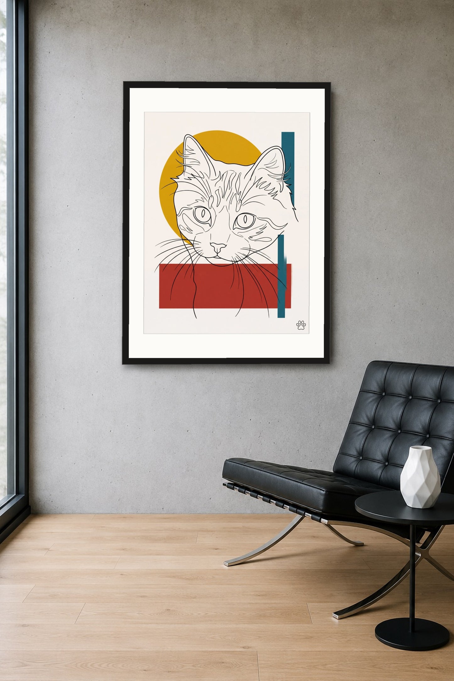 Poster im Wohnzimmer: Deine Katze als Bauhaus-Lineart – personalisiertes Katzenportrait
