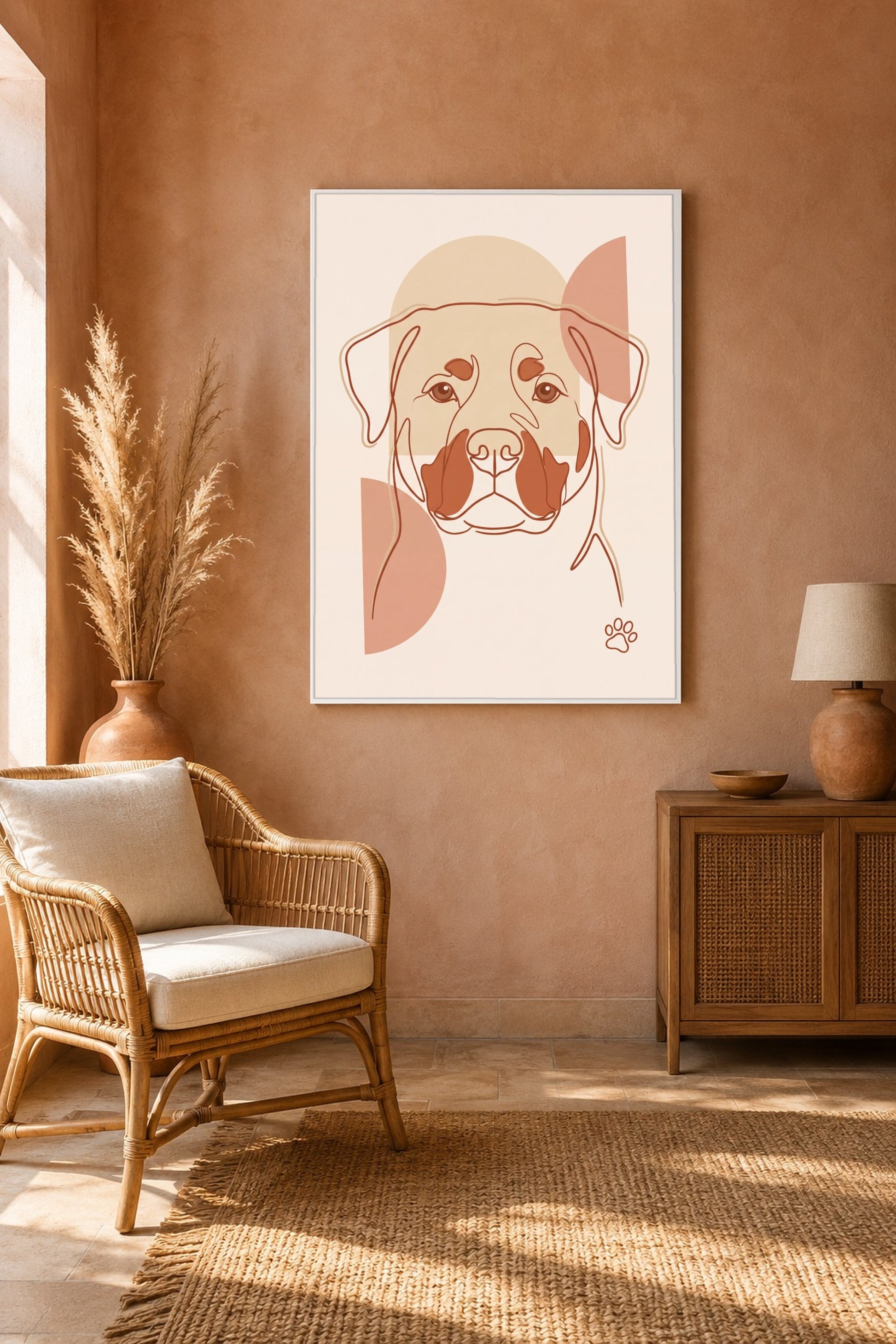 Leinwand im Wohnzimmer: Dein Hund als Boho-Lineart – personalisiertes Hundeportrait