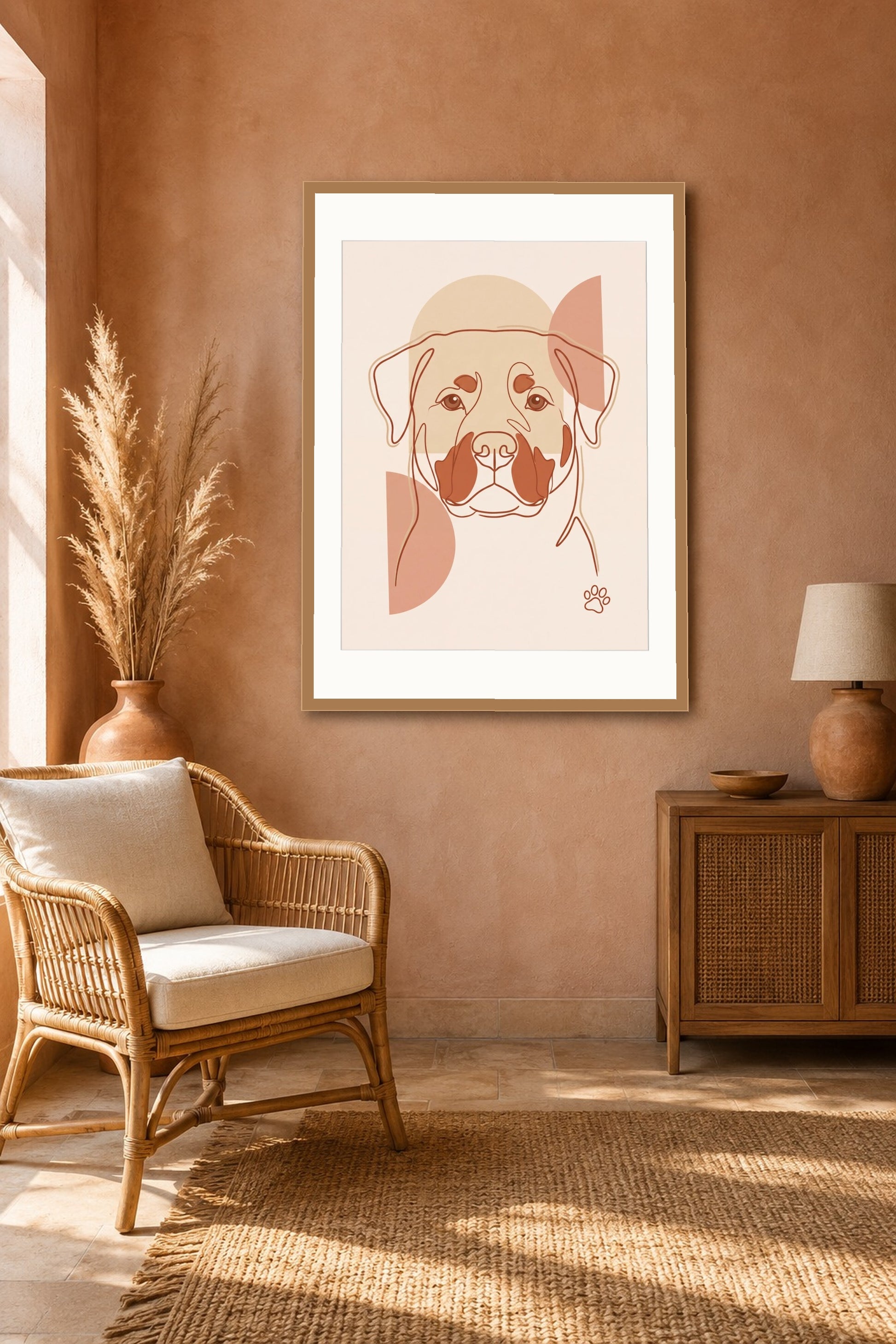 Poster im Wohnzimmer: Dein Hund als Boho-Lineart – personalisiertes Hundeportrait