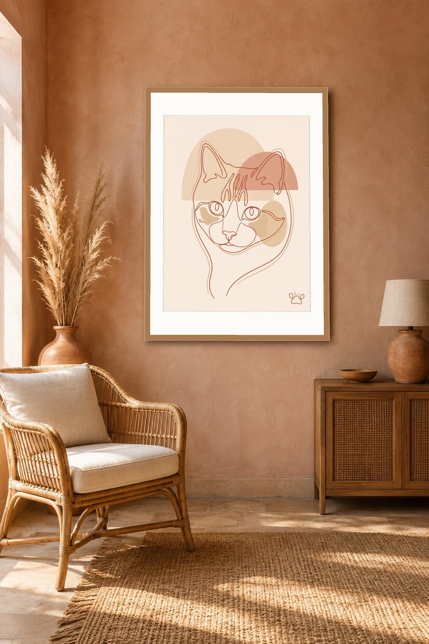 Poster im Wohnzimmer: Deine Katze als Boho-Lineart – personalisiertes Katzenportrait