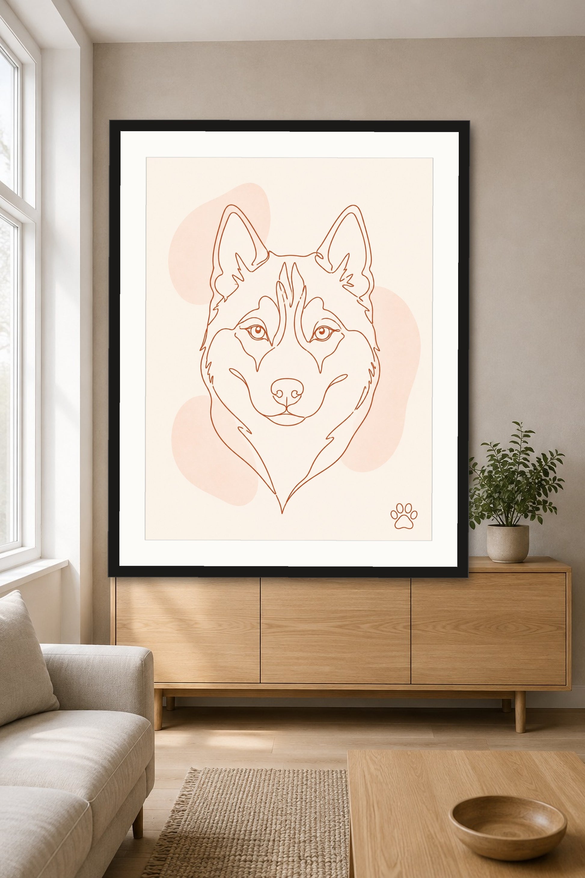 Poster im Wohnzimmer: Dein Hund als Ein-Linien-Portrait – personalisiertes Hundeportrait