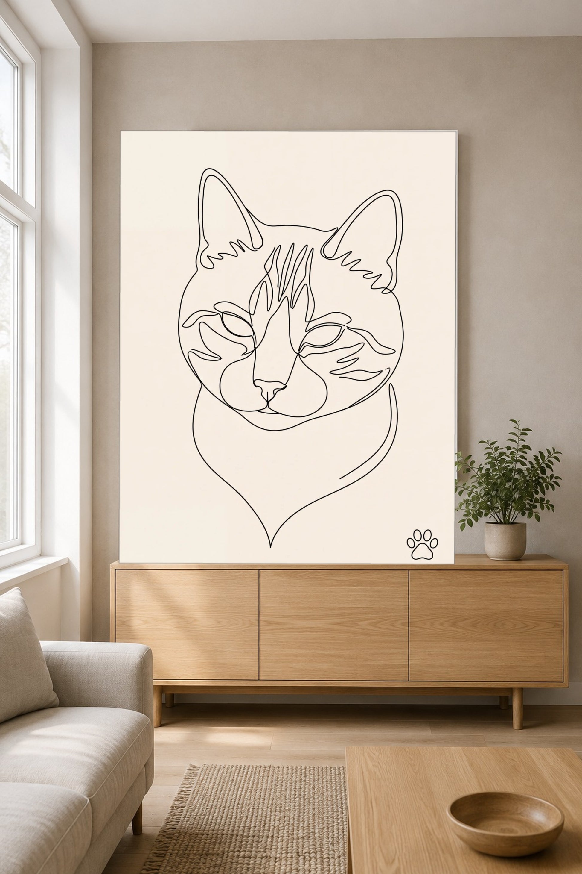 Leinwand im Wohnzimmer: Deine Katze als Ein-Linien-Portrait – personalisiertes Katzenportrait