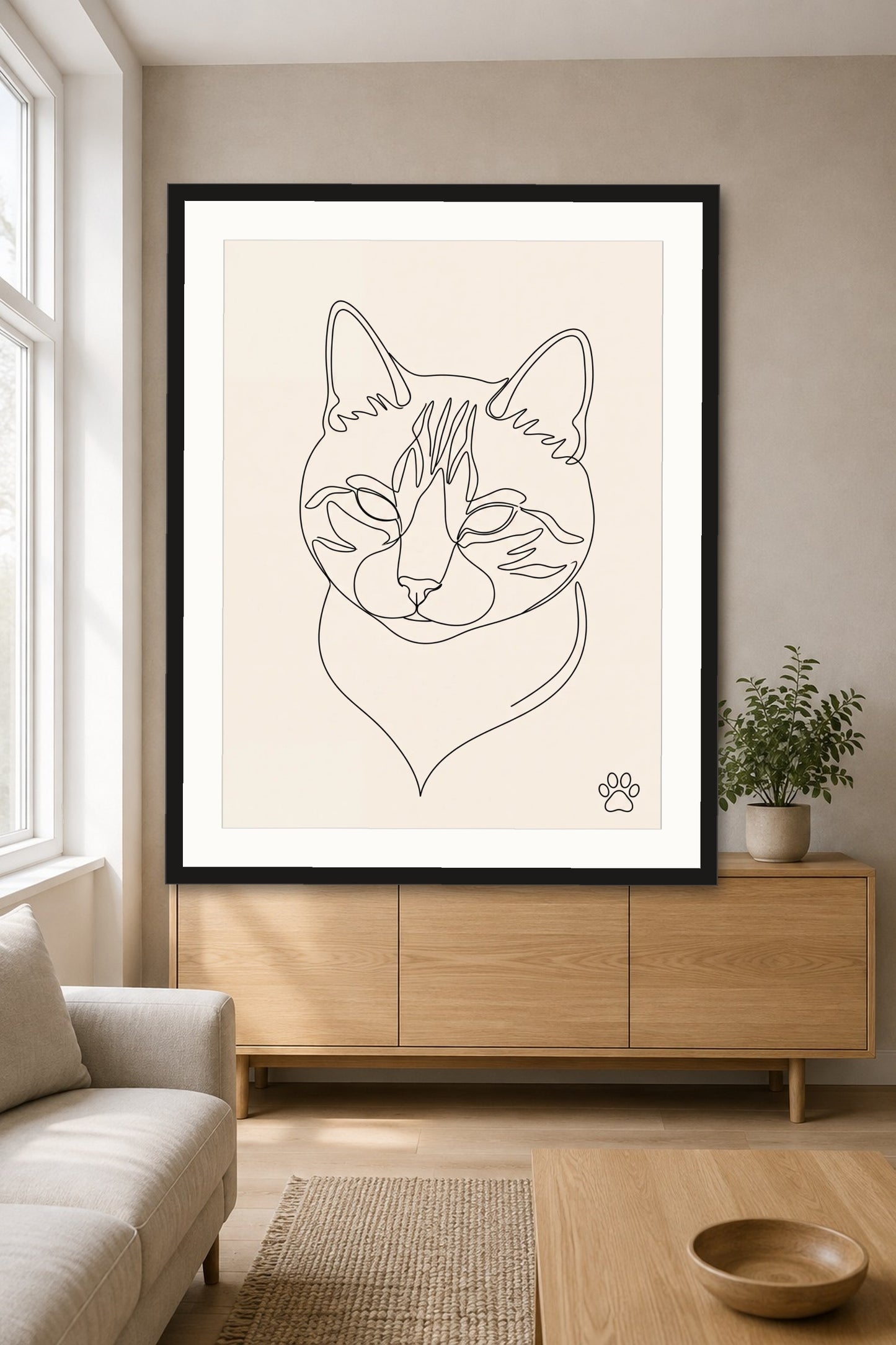 Poster im Wohnzimmer: Deine Katze als Ein-Linien-Portrait – personalisiertes Katzenportrait
