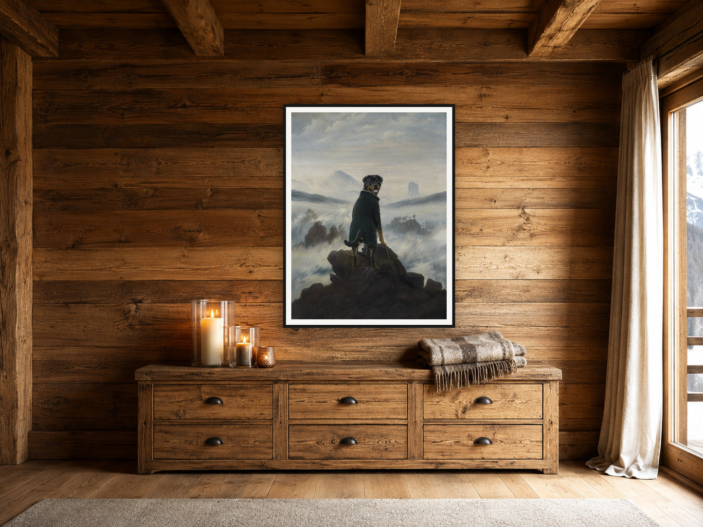 Hund als Wanderer – Poster in der Berghütte