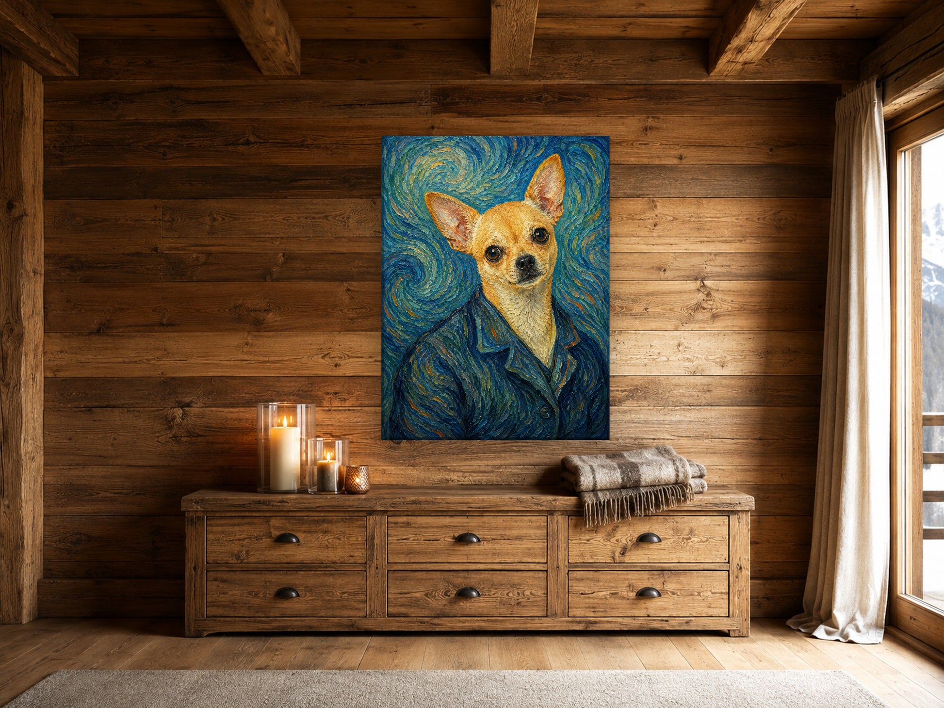 Hund als Van Gogh – Leinwand in der Berghütte